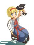  alice_margatroid arms_up blonde_hair blue_eyes chair character_doll doll dress hairband hat highres holding kirisame_marisa outstretched_arms shadow short_hair shouji_ayumu sitting smile solo touhou witch_hat 