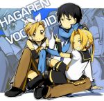  black_hair blonde_hair blue_eyes blush cosplay crossdressing crossdressinging detached_sleeves edward_elric fullmetal_alchemist headphones kagamine_len kagamine_len_(cosplay) kagamine_rin kagamine_rin_(cosplay) kaito kaito_(cosplay) kl male parody ribbon roy_mustang scarf short_hair trap vocaloid yellow_eyes 