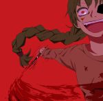  blood braid brown_hair crazy crazy_eyes grin insane knife long_hair long_sleeves lowres madotsuki open_mouth red red_eyes short_hair smile solo sweater twin_braids twintails weapon yandere yume_nikki 