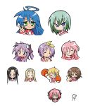  ahoge angry bad_id black_hair blonde_hair blue_eyes blue_hair blush boxing_gloves brown_hair closed_eyes fang glasses green_eyes green_hair hair_ribbon hiiragi_kagami hiiragi_tsukasa iwasaki_minami izumi_konata kobayakawa_yutaka kusakabe_misao lucky_star minegishi_ayano mole patricia_martin pink_hair pointing purple_eyes ribbon school_uniform serafuku shiraishi_minoru short_twintails smile sweatdrop takara_miyuki tamura_hiyori tareme tsurime twintails usuiken v wink 