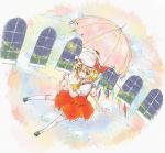  blonde_hair blush cloud flandre_scarlet floating full_moon hat kneehighs moon open_mouth outstretched_arm parasol red_eyes short_hair smile surreal touhou umbrella white_legwear window wings 