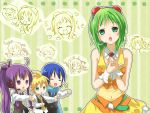  aqua_eyes blonde_hair blue_hair chibi goggles goggles_on_head green_eyes green_hair gumi hidacafe kagamine_len kaito kamui_gakupo open_mouth purple_eyes purple_hair short_hair skirt smile violet_eyes vocaloid wrist_cuffs 