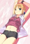  ahoge arms_up blonde_hair bracelet casual coat fate/stay_night fate_(series) green_eyes highres hotpants jewelry lying midriff navel necklace on_back panties saber short_hair short_shorts shorts solo unbuttoned underwear uni 