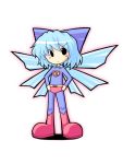? blue_hair bow cirno cosplay costume dc_comics hair_bow kakkou looking_at_viewer short_hair solo superman superman_(cosplay) touhou white_background wings ⑨