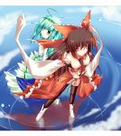  2girls ahoge bow brown_hair crown detached_sleeves frog green_eyes green_hair hair_ornament hakurei_reimu kochiya_sanae long_hair multiple_girls panties red_eyes sesield snake thigh-highs thighhighs touhou 