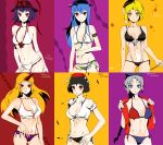  6girls abs bad_id bikini black_hair blonde_hair blue_eyes frills front-tie_top grey_hair hat highres hinanawi_tenshi horn hoshiguma_yuugi kakaaru lunasa_prismriver mound_of_venus multiple_girls nagae_iku purple_hair red_eyes shameimaru_aya side-tie_bikini striped striped_bikini striped_swimsuit swimsuit tied_shirt touhou yagokoro_eirin 