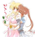  2girls apron blonde_hair blush breasts brown_hair closed_eyes fate_testarossa hug hug_from_behind long_hair mahou_shoujo_lyrical_nanoha mahou_shoujo_lyrical_nanoha_strikers multiple_girls red_eyes smile takamachi_nanoha tokoharu vivio yuri 