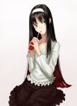  black_hair blood blue_eyes cup drinking ghoul hairband long_hair multicolored_hair simple_background sitting skirt sodeya_itsuki solo straw tohno_akiha toono_akiha tsukihime white_background 