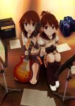  amplifier bag brown_hair cosplay guitar highres hirasawa_ui hirasawa_yui hirobakar instrument k-on! kagamine_len kagamine_len_(cosplay) kagamine_rin kagamine_rin_(cosplay) les_paul multiple_girls school_uniform sheet_music siblings sisters speaker vocaloid 