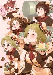  5girls :d :q absurdres acorn apron bag basket bowl breasts brown_bag brown_dress brown_hair cake carrying_over_shoulder clenched_hand curly_hair dot_nose doughnut dr._gero_(staedtler_0508) dress earrings eating facing_ahead food frilled_cuffs frills hair_between_eyes hands_up hat highres holding holding_bowl holding_food holding_plate idolmaster idolmaster_cinderella_girls jewelry large_breasts leaning_forward long_hair looking_ahead looking_at_viewer medium_bangs medium_hair mimura_kanako mini_hat morikubo_nono multiple_girls neckerchief oikawa_shizuku ok_sign one_eye_closed pink_background pink_eyes plate red_neckerchief shiina_noriko short_hair short_sleeves shoulder_bag smile standing three_quarter_view tongue tongue_out totoki_airi twintails wavy_mouth whipped_cream white_apron wrist_cuffs 