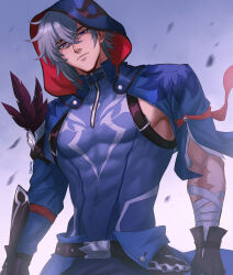  1boy artist_name bandaged_arm bandages belt black_belt black_gloves blue_eyes chalseu closed_mouth commentary compression_shirt covered_abs crossed_bangs english_commentary expressionless feathers gloves gradient_background grey_hair hair_between_eyes highres honkai:_star_rail honkai_(series) hood hood_up male_focus moze_(honkai:_star_rail) pectorals purple_background purple_shirt red_pupils red_ribbon ribbon scar scar_on_arm shirt short_hair signature simple_background sleeveless sleeveless_shirt solo white_background 