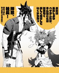  1boy 1girl :&lt; ^_^ ahoge angry animal_ear_hairband animal_ears anton_ivanov armlet asymmetrical_gloves bear_ear_hairband bear_ears belt belt_pouch buttons closed_eyes closed_mouth collar collarbone collared_shirt commentary_request crop_top crossed_arms elbow_gloves eyepatch fake_animal_ears fingerless_gloves flame_print frown gloves greyscale greyscale_with_colored_background hair_between_eyes hair_ornament hairband halftone halftone_background hand_up headband jewelry koleda_belobog long_hair looking_at_another low_twintails metal_collar midriff monochrome navel one_eye_covered open_mouth pants partially_unbuttoned pectoral_cleavage pectorals pouch print_shirt puff_of_air shirt short_sleeves simple_background single_elbow_glove sleeveless sleeveless_shirt smile speech_bubble spiky_hair stomach striped_headband tk_armk translation_request twintails two_side_up uneven_gloves v-shaped_eyebrows very_long_hair white_background wing_collar yellow_background zenless_zone_zero 