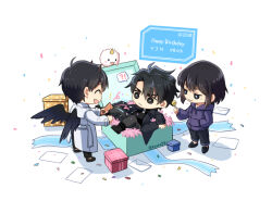  !? 1girl 2boys :3 :d ^_^ artist_name black_eyes black_hair black_wings box chibi chibi_only closed_eyes closed_mouth coat confetti han_sooyoung happy_birthday heads-up_display hood hood_down hoodie in_box in_container kim_dokja letter minimized multiple_boys omniscient_reader's_viewpoint open_mouth purple_hoodie quanna simple_background smile twitter_username v-shaped_eyebrows white_background white_coat wings yoo_joonghyuk 