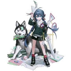  1girl aged_down ahoge backpack bag baseball black_bag black_footwear black_fur black_skirt blue_eyes blue_hair book braid closed_mouth collar crayon crumpled_paper dog dog_request expressionless full_body girls_frontline green_sweater hair_between_eyes hair_ornament hat_feather highres holding holding_scissors holding_sword holding_weapon lanyard long_hair m240l_(girls&#039;_frontline) m240l_(home_with_paladin)_(girls&#039;_frontline) nunok official_alternate_costume official_art paper_hat paper_sword red_socks road_sign scissors scrape scraped_knee shield shirt shoes sign simple_background skirt sneakers socks solo spiked_collar spikes standing stop_sign sweater sword third-party_source transparent_background twin_braids two-tone_fur v-neck very_long_hair weapon white_fur white_shirt x_hair_ornament yield_sign 