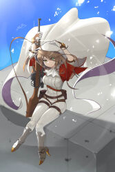  1girl absurdres armored_boots bolt_action boots breasts brown_hair cape closed_mouth dillo_(smootharmadillo) full_body girls_frontline gloves green_eyes gun high_heel_boots high_heels highres jacket lee-enfield lee-enfield_(girls&#039;_frontline) lee-enfield_(mod3)_(girls&#039;_frontline) looking_at_viewer pants red_jacket rifle signature sitting solo thigh_strap weapon white_cape white_gloves white_hood white_pants 