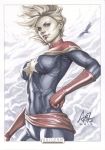  1girl blonde_hair captain_marvel carol_danvers clouds elbow_gloves gloves marvel sash sky solo stanley_lau traditional_media 