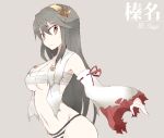  1girl bare_shoulders black_hair breasts brown_eyes burnt_clothes character_request detached_sleeves haruna_(kantai_collection) kantai_collection navel panties souji torn_clothes underwear 