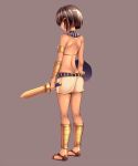 1girl anklet armlet assal_(sennen_sensou_aigis) back bare_shoulders big_wednesday black_hair dimples_of_venus from_behind hair_ornament hairclip jewelry sandals sennen_sensou_aigis shield short_hair simple_background solo sword weapon 