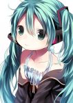  1girl bra bust green_eyes green_hair hatsune_miku headphones long_hair looking_at_viewer off_shoulder opopowa simple_background solo twintails underwear vocaloid white_background 