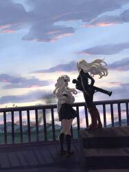  2girls biker_clothes bikesuit black_bikesuit bodysuit boots bridge cannon clouds flower flower_ornament from_behind full_body fuyusaka_iori gloves hair_flower hair_ornament highres holding holding_weapon juusan_kihei_bouei_ken kneehighs leather_suit loafers miero morimura_chihiro multiple_girls pleated_skirt red_footwear scenery school_uniform serafuku shoes skirt smoke socks wavy_hair weapon white_hair 