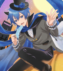  1boy arms_up black_cape black_footwear black_hat black_pants blue_eyes blue_hair blue_scarf building cape coat commentary_request demon_horns dress_shirt dress_shoes fence food full_moon grey_shirt halloween hat highres holding holding_food holding_ice_cream horns ice_cream kaito_(vocaloid) kikuchi_mataha long_scarf long_sleeves male_focus moon open_mouth pants scarf shirt shoes short_hair sleeve_cuffs solo teeth tongue top_hat two-sided_coat two-sided_fabric upper_teeth_only vocaloid white_shirt 