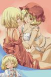  3girls ^_^ aki_minoriko aki_shizuha alice_margatroid bikini blonde_hair blush bra breasts capelet cleavage closed_eyes doll doll_joints eye_contact fundoshi hairband hat looking_at_another multiple_girls off_shoulder open_mouth red_bra red_eyes short_hair smile swimsuit touhou underwear white_bikini white_bra white_swimsuit yohane yuri 
