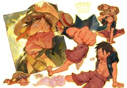  +_+ absurdres aquan_error black_hair eating flip-flops goggles goggles_on_head hat heavy_breathing highres monkey_d._luffy multiple_views one_piece open_clothes open_shirt red_shorts sandals scar scar_on_face shorts straw_hat teeth tongue tongue_out 