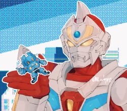  armor blue_skin colored_skin company_connection crossover denkou_choujin_gridman gridman_(character) gridman_universe highres hirose_yuya male_focus mecha ni_celery_pk no_humans one_eye_closed robot shoulder_armor tokusatsu tsuburaya_productions ultra_series ultraman_arc_(series) voice_actor_connection yellow_eyes yupi_(ultraman_arc) 