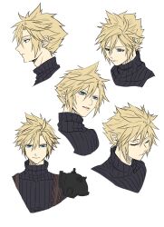  1boy 26caaan absurdres aqua_eyes armor blonde_hair blue_shirt closed_eyes cloud_strife earrings expressions final_fantasy final_fantasy_vii final_fantasy_vii_rebirth final_fantasy_vii_remake hair_between_eyes highres jewelry male_focus multiple_views open_mouth shirt short_hair shoulder_armor single_bare_shoulder single_earring single_shoulder_pad solo spiky_hair suspenders turtleneck white_background 