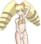  1girl arm_up big_hair bikini blonde_hair drawfag drill_hair flat_chest green_eyes hair_ribbon long_hair ribbon rockman ryuusei_no_rockman shirogane_luna solo swimsuit twin_drills 