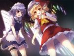  2girls :o ascot blonde_hair blush braid female flandre_scarlet gengetsu_chihiro hat highres izayoi_sakuya lavender_hair maid maid_headdress multiple_girls petticoat red_eyes short_hair side_ponytail skirt standing thigh_strap touhou twin_braids v_arms violet_eyes window wings 