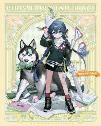  1girl aged_down ahoge backpack bag baseball black_bag black_footwear black_fur black_skirt blue_eyes blue_hair book braid character_name closed_mouth collar commentary copyright_name crayon crumpled_paper dog dog_request english_commentary expressionless full_body girls_frontline green_sweater hair_between_eyes hair_ornament hat_feather highres holding holding_scissors holding_sword holding_weapon lanyard long_hair m240l_(girls&#039;_frontline) m240l_(home_with_paladin)_(girls&#039;_frontline) nunok official_alternate_costume official_art paper_hat paper_sword promotional_art red_socks road_sign scissors scrape scraped_knee second-party_source shield shirt shoes sign skirt sneakers socks solo spiked_collar spikes standing stop_sign sweater sword twin_braids two-tone_fur v-neck very_long_hair weapon white_fur white_shirt x_hair_ornament yield_sign 