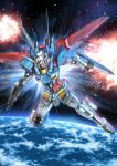  beam_rifle earth energy_gun explosion g-self gundam gundam_reconguista_in_g highres mecha no_humans shield space thrusters weapon yoshinobuta 