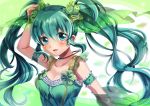  1girl aqua_eyes aqua_hair arm_up breasts cleavage flower hair_flower hair_ornament hatsune_miku hikari_no jewelry long_hair looking_at_viewer necklace solo twintails vocaloid 