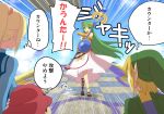  2boys 2girls bare_shoulders blonde_hair green_eyes green_hair hat highres jewelry kid_icarus leon_7 link long_hair mario multiple_boys multiple_girls nintendo palutena pointy_ears ponytail samus_aran smile super_mario_bros. super_smash_bros. the_legend_of_zelda tiara translated zero_suit 