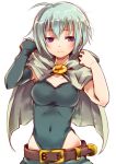  1girl ahoge averting_eyes belt breasts flathead_screwdriver_(ole_tower) hood hooded_cloak mataichi_matarou navel ole_tower silver_hair single_elbow_glove solo violet_eyes 