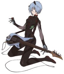  1girl absurdres ayanami_rei black_bodysuit blue_hair bodysuit evangelion:_3.0+1.0_thrice_upon_a_time guitar hair_between_eyes highres instrument neon_genesis_evangelion official_art pilot_suit plugsuit rebuild_of_evangelion red_eyes scan short_hair simple_background solo white_background 