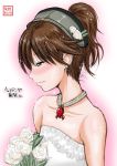  1girl alternate_hairstyle bare_shoulders blush bouquet brown_eyes brown_hair bust contemporary dress earrings flower hair_up hairband jewelry kantai_collection long_hair magatama necklace ponytail ryuujou_(kantai_collection) smile solo strapless_dress wedding_dress white_dress yano_toshinori 