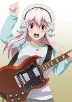  1girl blush breasts derivative_work electric_guitar guitar headphones highres instrument large_breasts long_hair looking_at_viewer nitroplus open_mouth pink_hair playing_instrument red_eyes solo super_sonico 