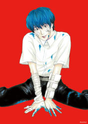  1boy bandaged_arm bandaged_fingers bandages bandaid bandaid_on_face bbkryrnos belt between_legs black_eyes blue_hair collared_shirt dress_shirt hand_between_legs highres liquid looking_at_viewer male_focus original pants parted_lips red_background shirt short_hair sitting smile solo spread_legs wariza 