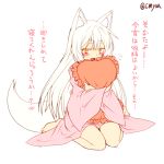  1girl animal_ears blush flying_sweatdrops fox_ears fox_tail long_hair looking_at_viewer open_mouth original pillow pillow_hug sitting sketch solo tail wariza white_hair yellow_eyes yua_(checkmate) 