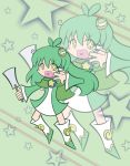  1girl alternate_costume blush_stickers cape copyright_request frog frog_hair_ornament gohei green_eyes green_hair hair_ornament heart highres kochiya_sanae long_hair open_mouth parody smile snake snake_hair_ornament solo sparkle sparkle_eyes star style_parody style_request touhou v ziogon zoom_layer 