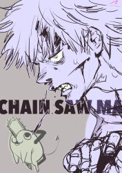  1boy blood blood_drip blood_from_mouth blood_on_face chainsaw chainsaw_man commentary copyright_name denji_(chainsaw_man) handle highres matahei pochita_(chainsaw_man) pull_cord sharp_teeth short_hair signature simple_background sketch teeth 