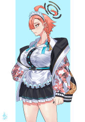 1girl absurdres ahoge alternate_breast_size blue_archive breasts eyebrows eyelashes from_side halo highres huge_breasts hydra_(kuzuryuu9) jumpsuit maid_headdress neru_(blue_archive) orange_eyes solo standing white_jumpsuit