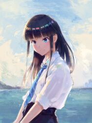  1girl black_hair blue_eyes blue_necktie blunt_bangs closed_mouth clouds cloudy_sky collared_shirt cowboy_shot day from_side hime_cut long_hair looking_to_the_side mochizuki_ao necktie original outdoors shirt shirt_tucked_in sidelocks sky sleeves_rolled_up smile solo upper_body water white_shirt 