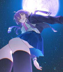  1girl absurdres agyou_sonokou_l ahoge black_jacket black_socks blazer chromatic_aberration feet_out_of_frame from_below full_moon highres jacket kibou_no_tsuki_(vocaloid) long_hair long_sleeves looking_at_viewer miniskirt moon night night_sky open_clothes open_jacket parted_lips pleated_skirt purple_hair shirt skirt sky sleeve_cuffs socks solo violet_eyes vocaloid white_shirt yuzuki_yukari 