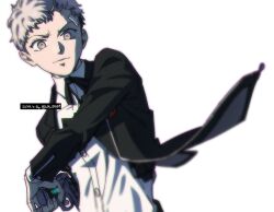  1boy bandaid bandaid_on_face bandaid_on_forehead black_jacket black_ribbon closed_mouth collarbone commentary_request dated evoker gekkoukan_high_school_uniform grey_hair gun highres holding holding_gun holding_weapon jacket lcs_0209 long_sleeves looking_at_viewer male_focus neck_ribbon open_clothes open_jacket persona persona_3 ribbon sanada_akihiko school_uniform shirt short_hair solo twitter_username upper_body weapon white_background white_shirt 