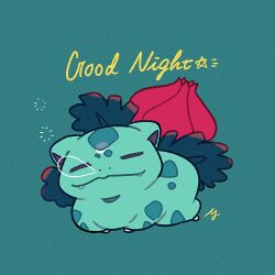  animal_focus blue_background claws closed_eyes closed_mouth commentary_request fangs full_body ivysaur no_humans nose_bubble nostrils pokemon pokemon_(creature) signature simple_background sleeping solo yasaikakiage 