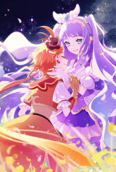  1boy 1girl aqua_eyes black_hat brown_hair cape closed_eyes cure_majesty cure_wing detached_sleeves dress earrings floating_hair gloves hair_ornament hairband hat heart heart_hair_ornament highres hirogaru_sky!_precure jewelry lanzhu long_hair looking_at_another low_ponytail mini_hat multicolored_clothes multicolored_dress orange_arm_warmers orange_cape orange_vest parted_lips pink_hairband precure purple_dress purple_hair short_sleeves smile very_long_hair vest waist_cape white_dress white_sleeves yellow_gloves yuunagi_tsubasa 