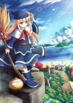  1girl akashio_(loli_ace) beach blonde_hair blue_eyes blue_sky broom capelet dragon_quest forest lake nature puyopuyo river shirt skirt sky slime_(dragon_quest) smile solo windmill witch witch_(puyopuyo) 